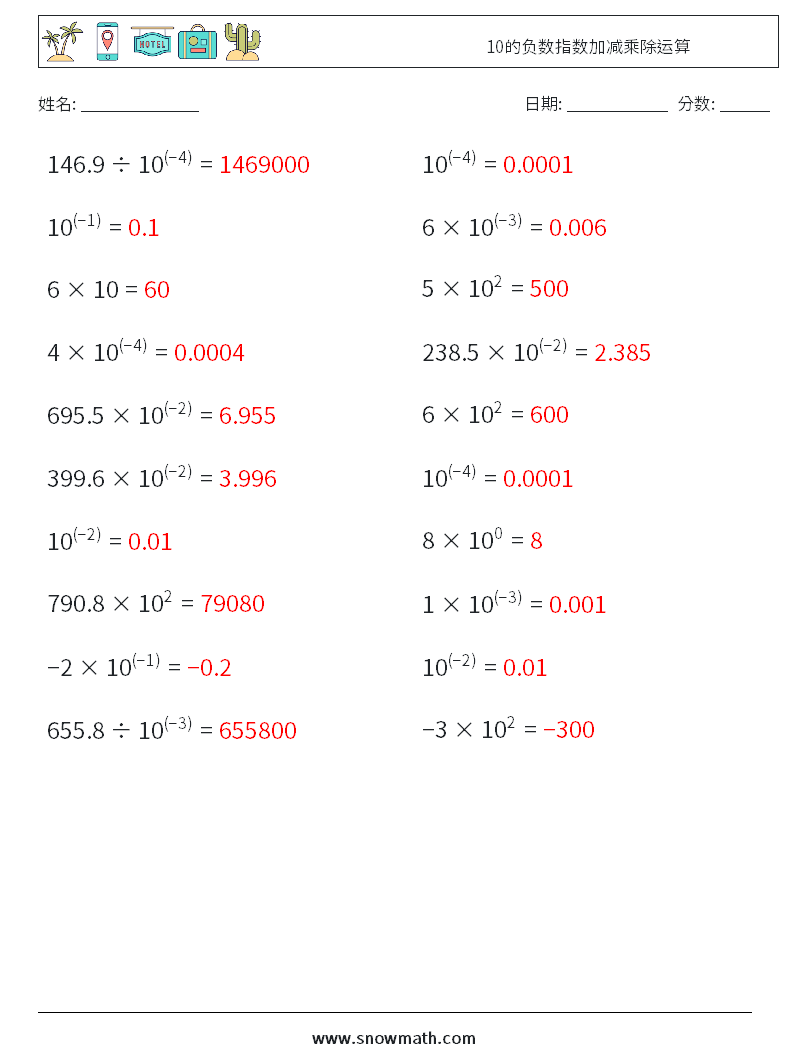 10的负数指数加减乘除运算 数学练习题 2 问题,解答