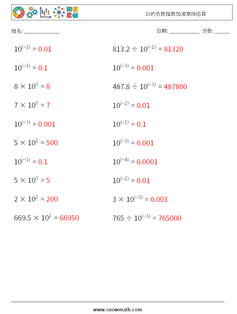 10的负数指数加减乘除运算 数学练习题 3 问题,解答