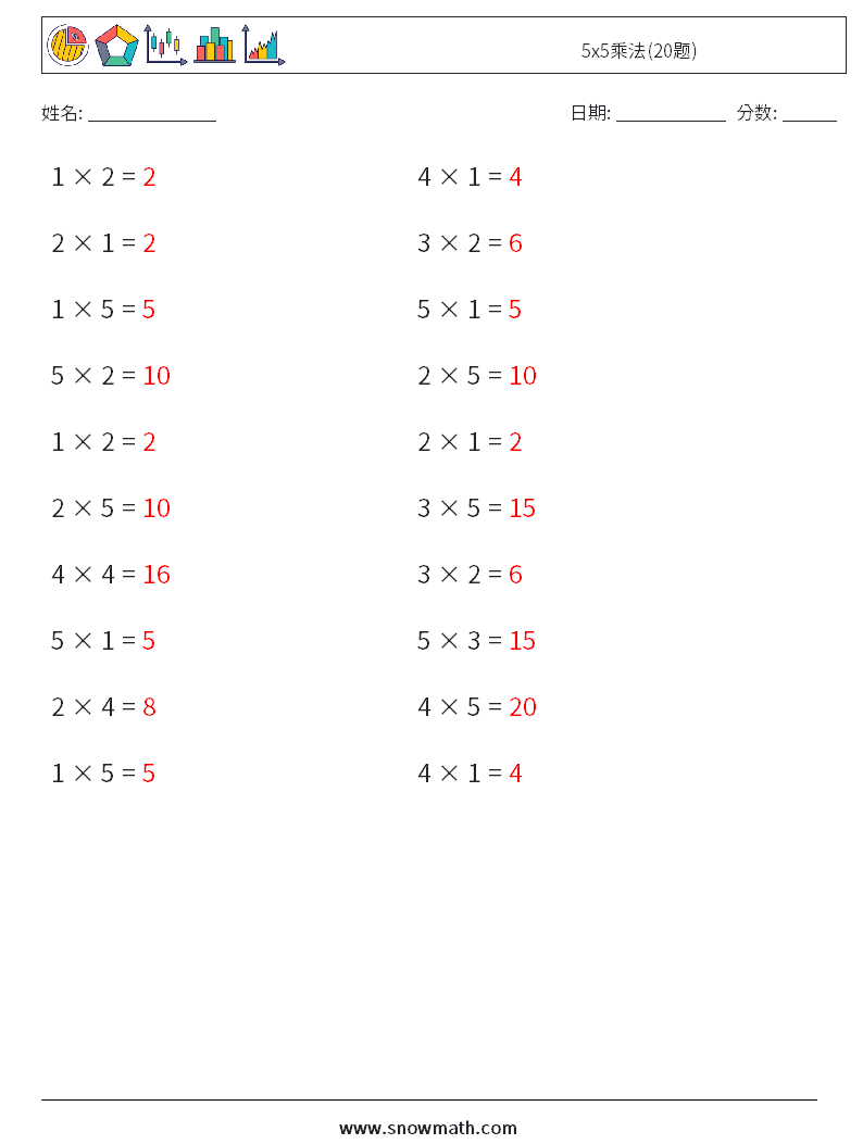 5x5乘法(20题) 数学练习题 5 问题,解答