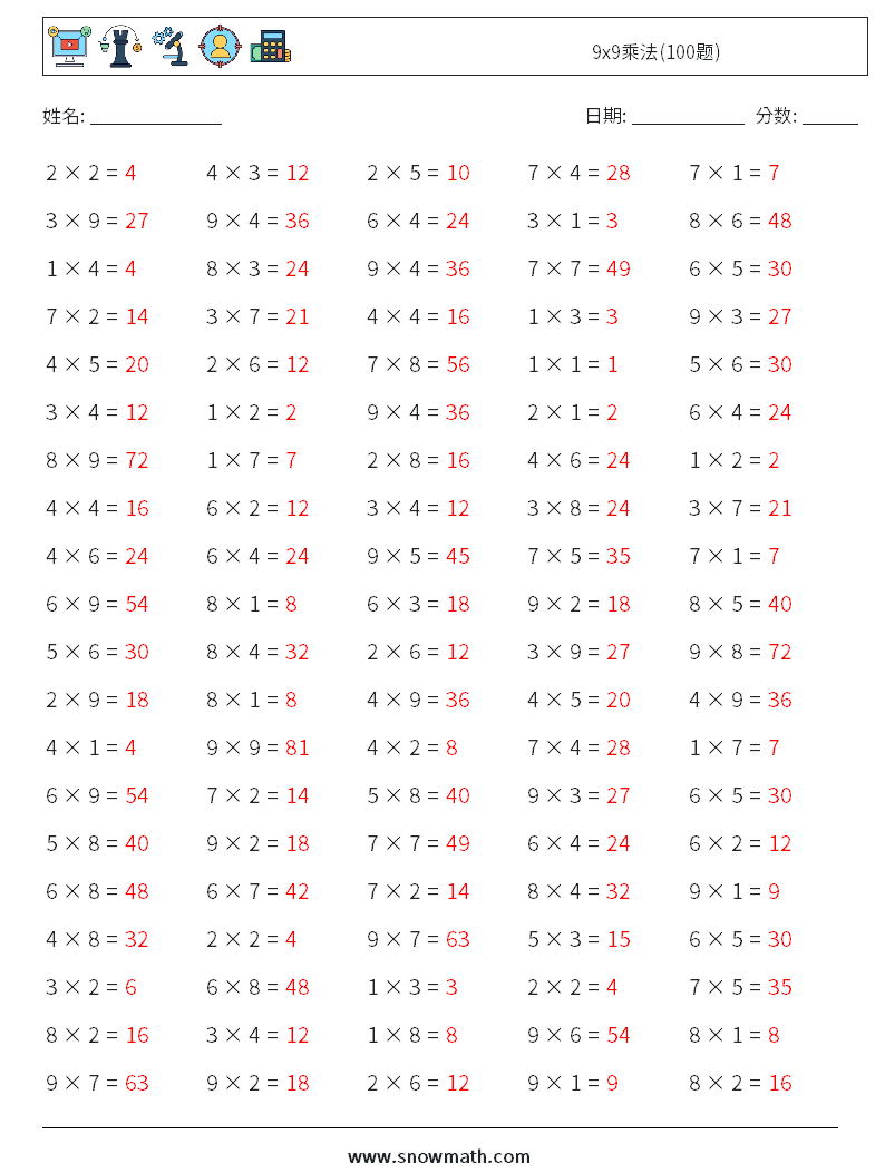 9x9乘法(100题) 数学练习题 1 问题,解答