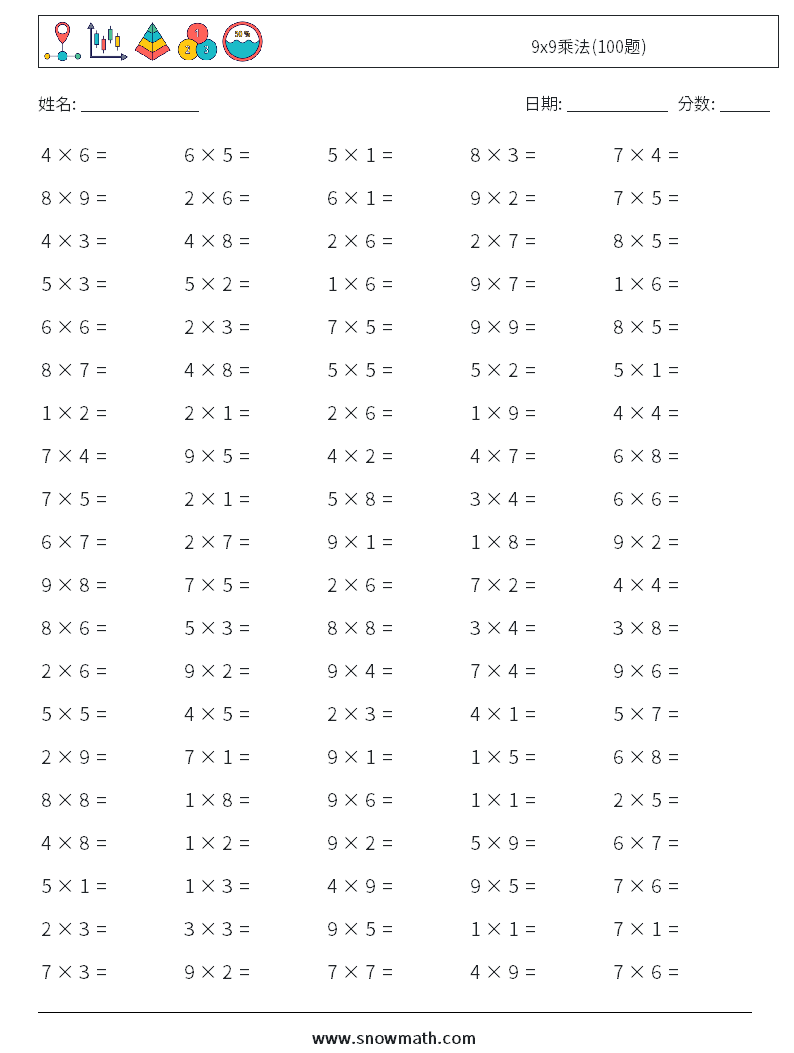 9x9乘法(100题) 数学练习题 4