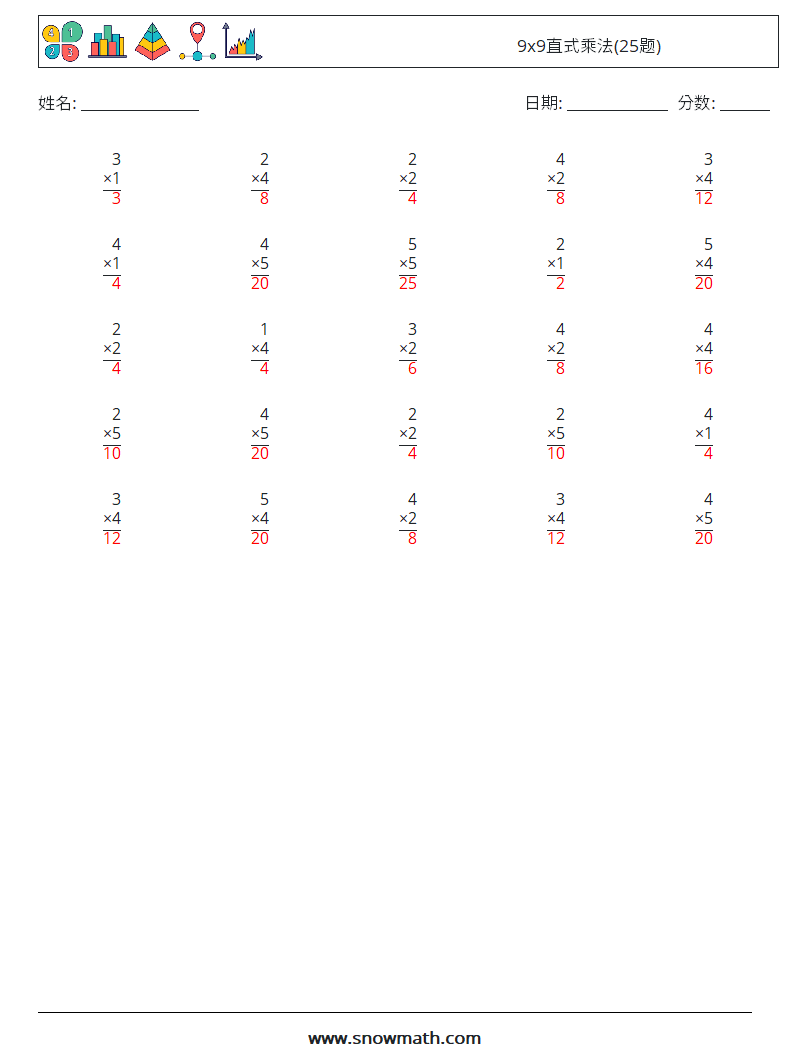 9x9直式乘法(25题) 数学练习题 4 问题,解答
