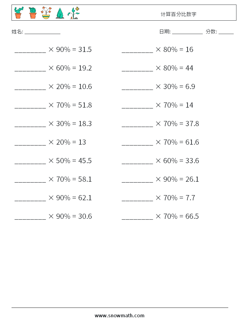 计算百分比数字 数学练习题 5