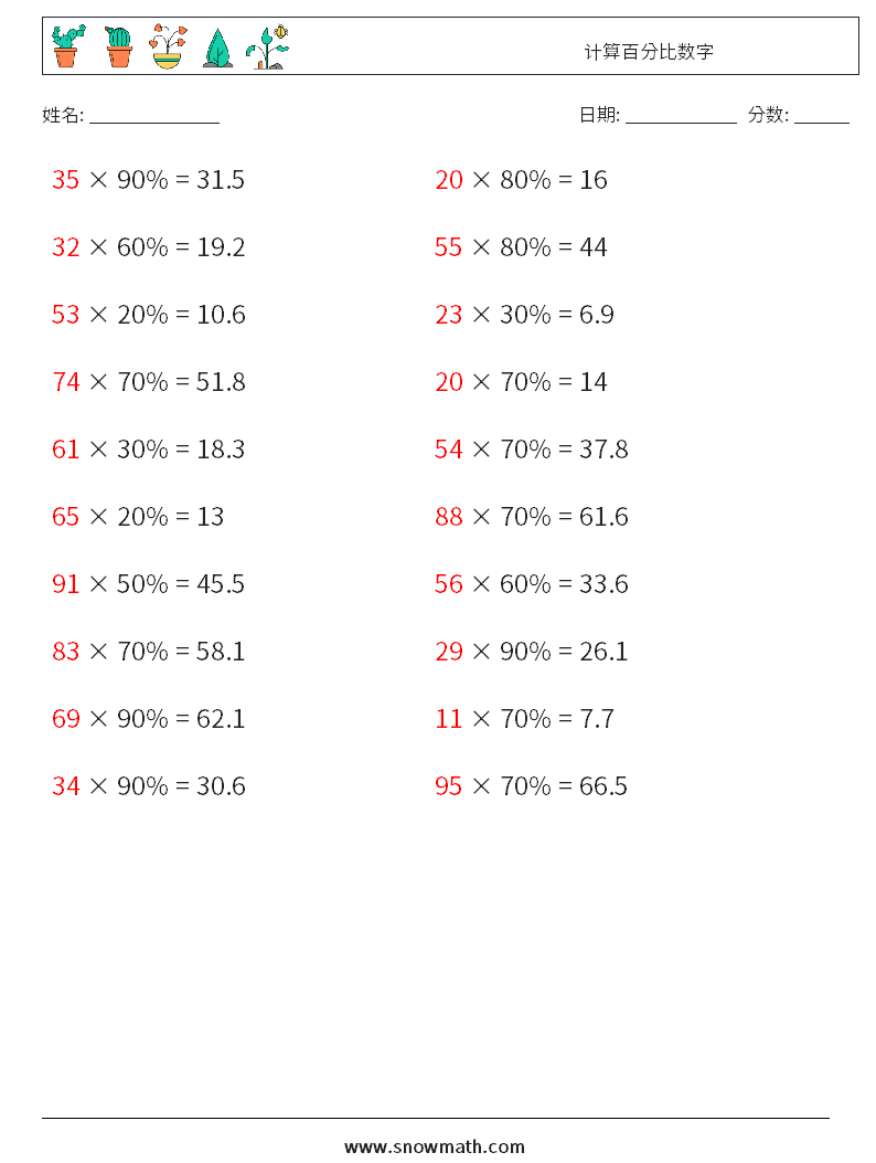 计算百分比数字 数学练习题 5 问题,解答