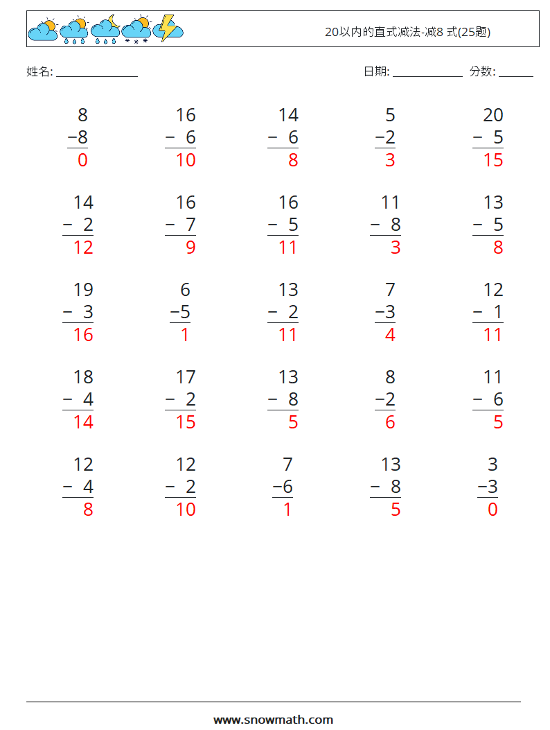 20以内的直式减法-减8 式(25题) 数学练习题 13 问题,解答