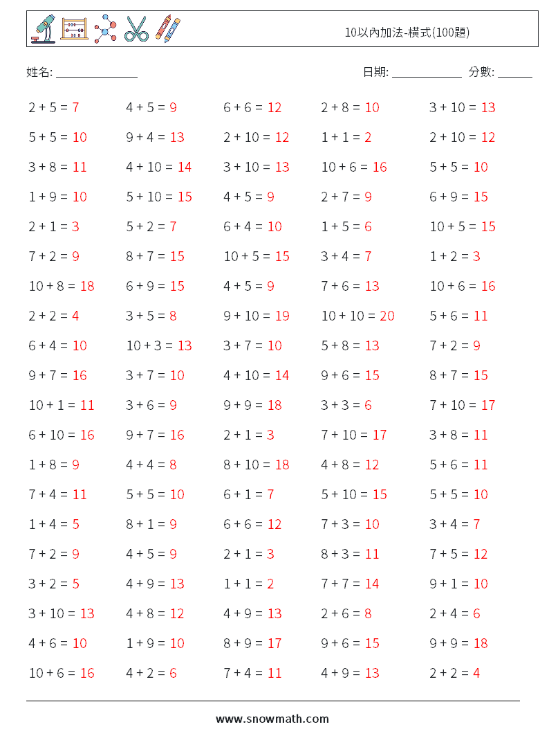 10以內加法-橫式(100題) 數學練習題 6 問題,解答