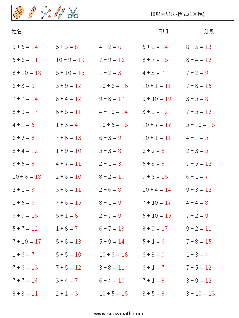10以內加法-橫式(100題) 數學練習題 9 問題,解答