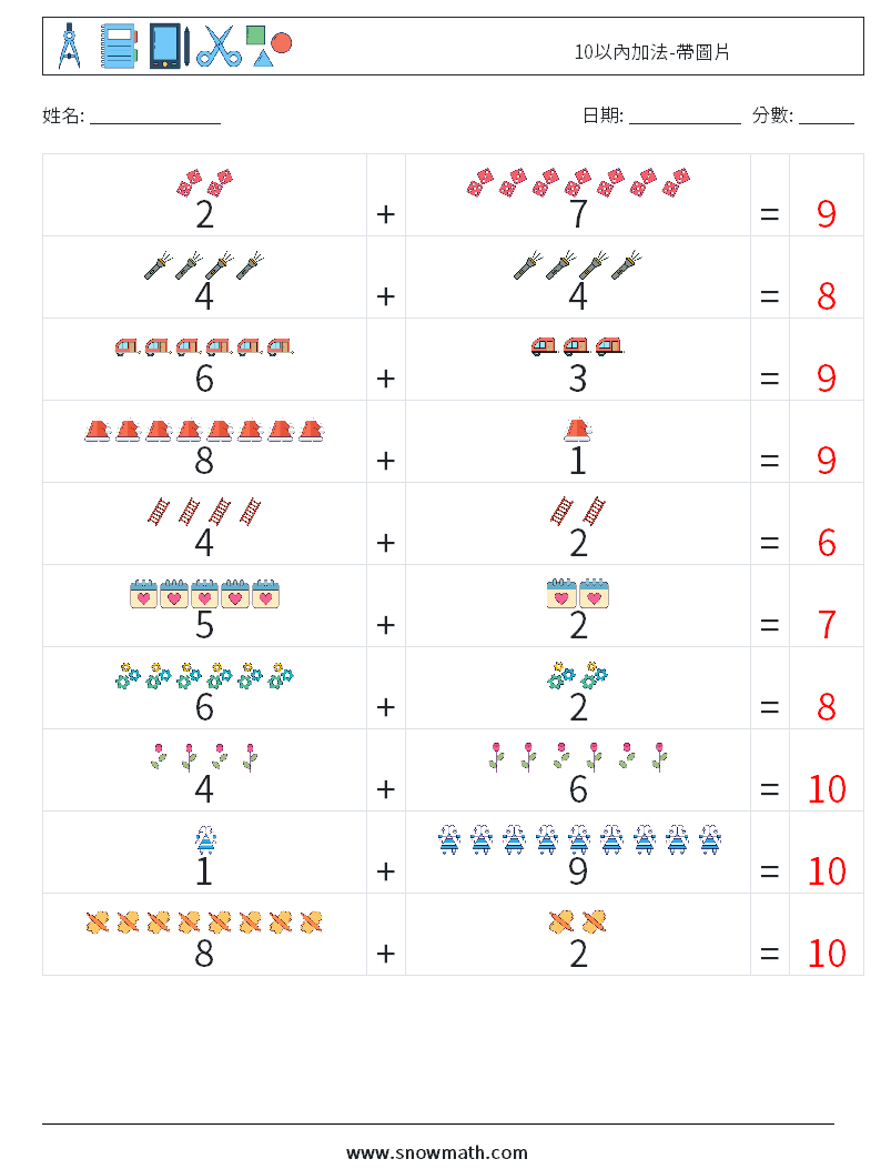 10以內加法-帶圖片 數學練習題 11 問題,解答
