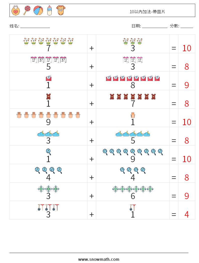 10以內加法-帶圖片 數學練習題 13 問題,解答