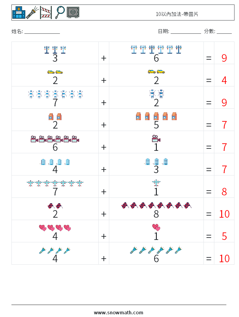 10以內加法-帶圖片 數學練習題 14 問題,解答