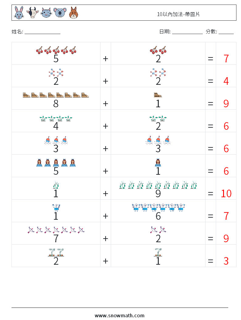 10以內加法-帶圖片 數學練習題 2 問題,解答