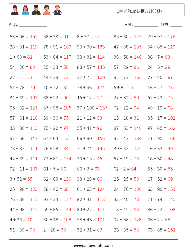 100以內加法-橫式(100題) 數學練習題 3 問題,解答