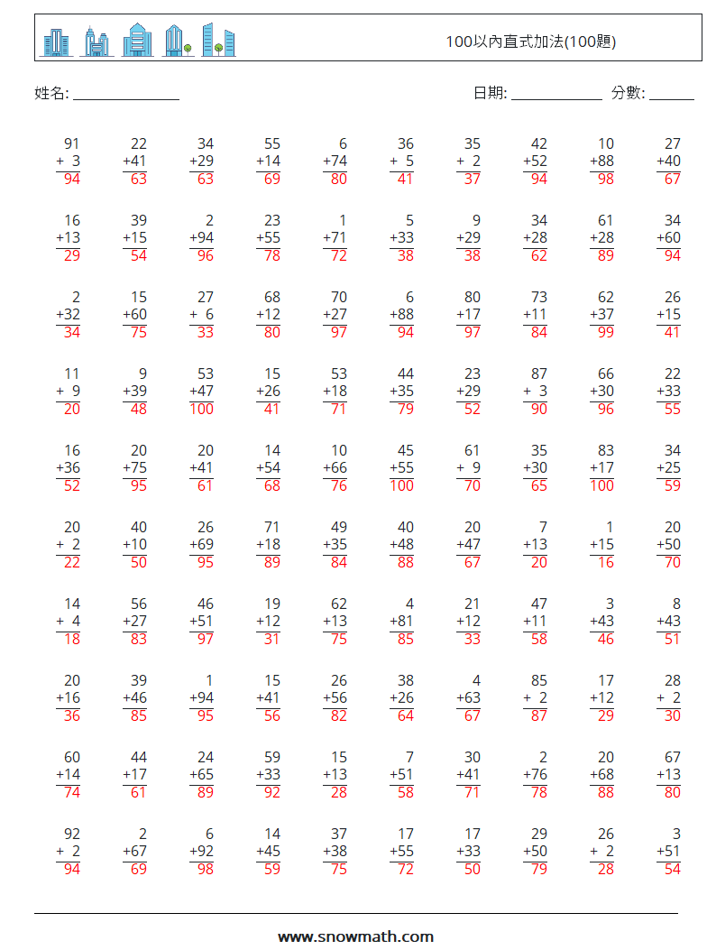 100以內直式加法(100題) 數學練習題 14 問題,解答