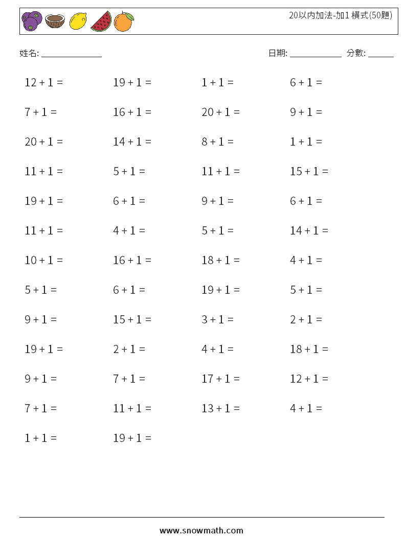 20以内加法-加1 橫式(50題) 數學練習題 4