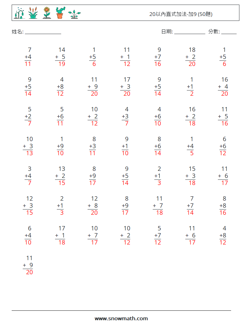 20以內直式加法-加9 (50題) 數學練習題 10 問題,解答