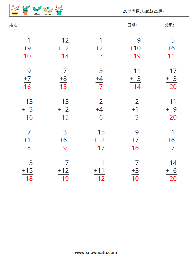 20以內直式加法(25題) 數學練習題 2 問題,解答