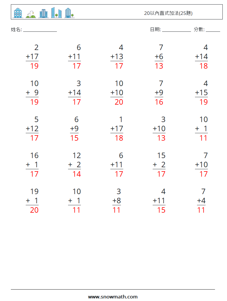 20以內直式加法(25題) 數學練習題 3 問題,解答