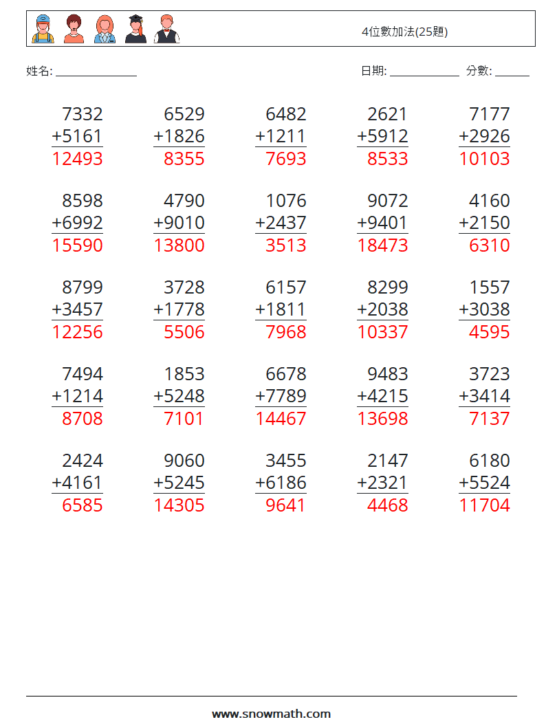 4位數加法(25題) 數學練習題 14 問題,解答