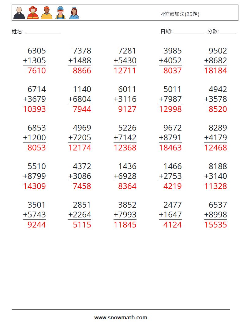 4位數加法(25題) 數學練習題 6 問題,解答