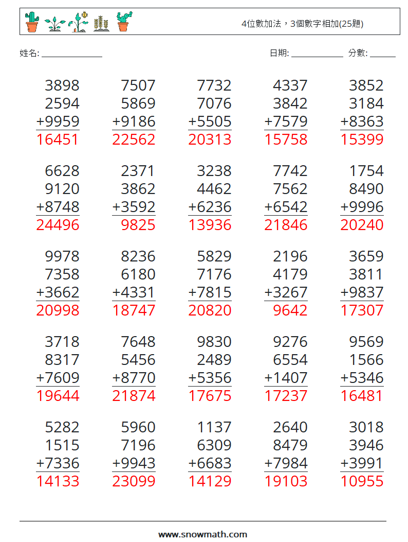 4位數加法，3個數字相加(25題) 數學練習題 1 問題,解答