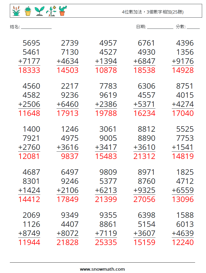 4位數加法，3個數字相加(25題) 數學練習題 4 問題,解答