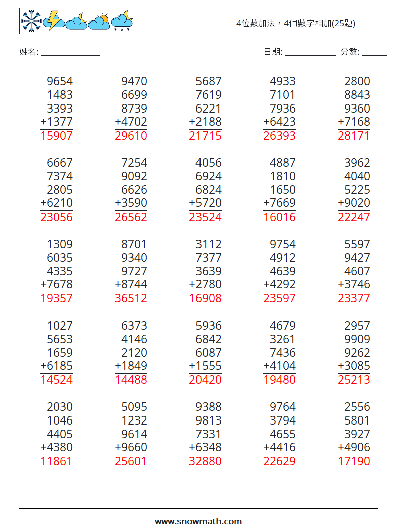 4位數加法，4個數字相加(25題) 數學練習題 11 問題,解答