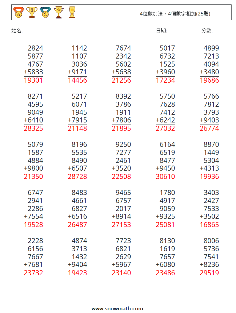 4位數加法，4個數字相加(25題) 數學練習題 14 問題,解答