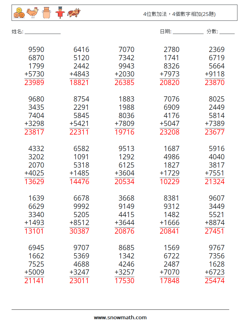 4位數加法，4個數字相加(25題) 數學練習題 18 問題,解答