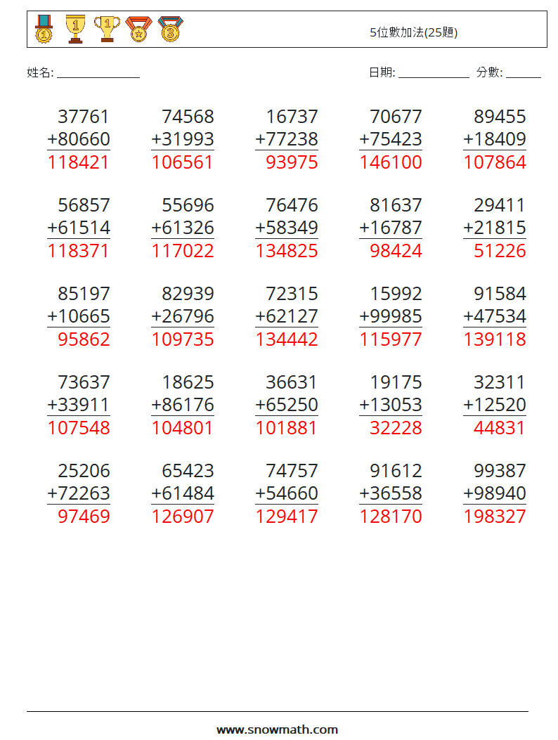 5位數加法(25題) 數學練習題 1 問題,解答