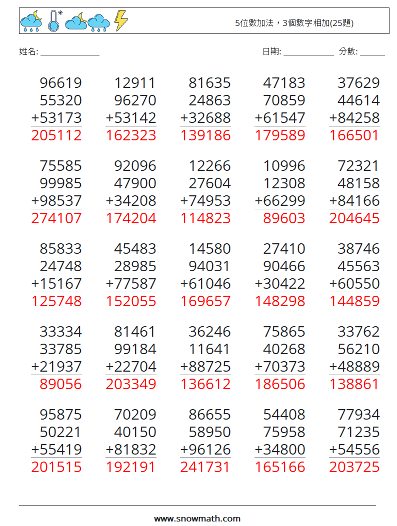 5位數加法，3個數字相加(25題) 數學練習題 12 問題,解答
