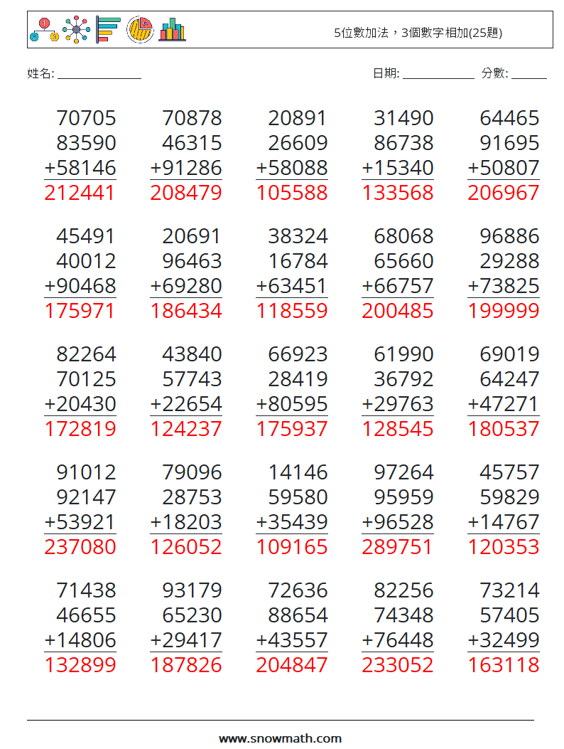 5位數加法，3個數字相加(25題) 數學練習題 17 問題,解答