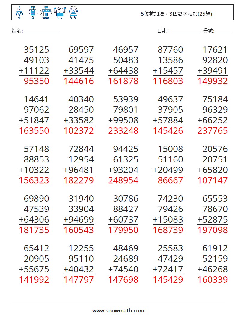 5位數加法，3個數字相加(25題) 數學練習題 1 問題,解答
