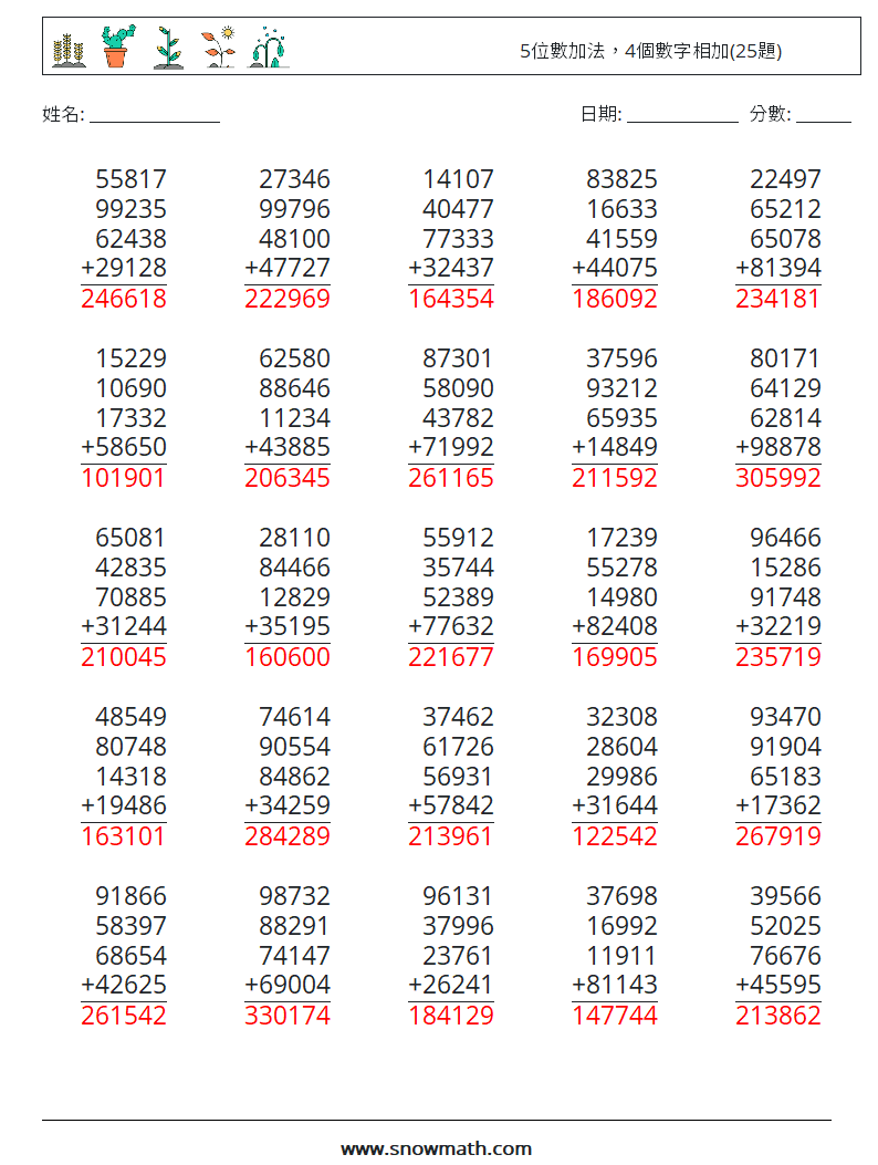 5位數加法，4個數字相加(25題) 數學練習題 1 問題,解答