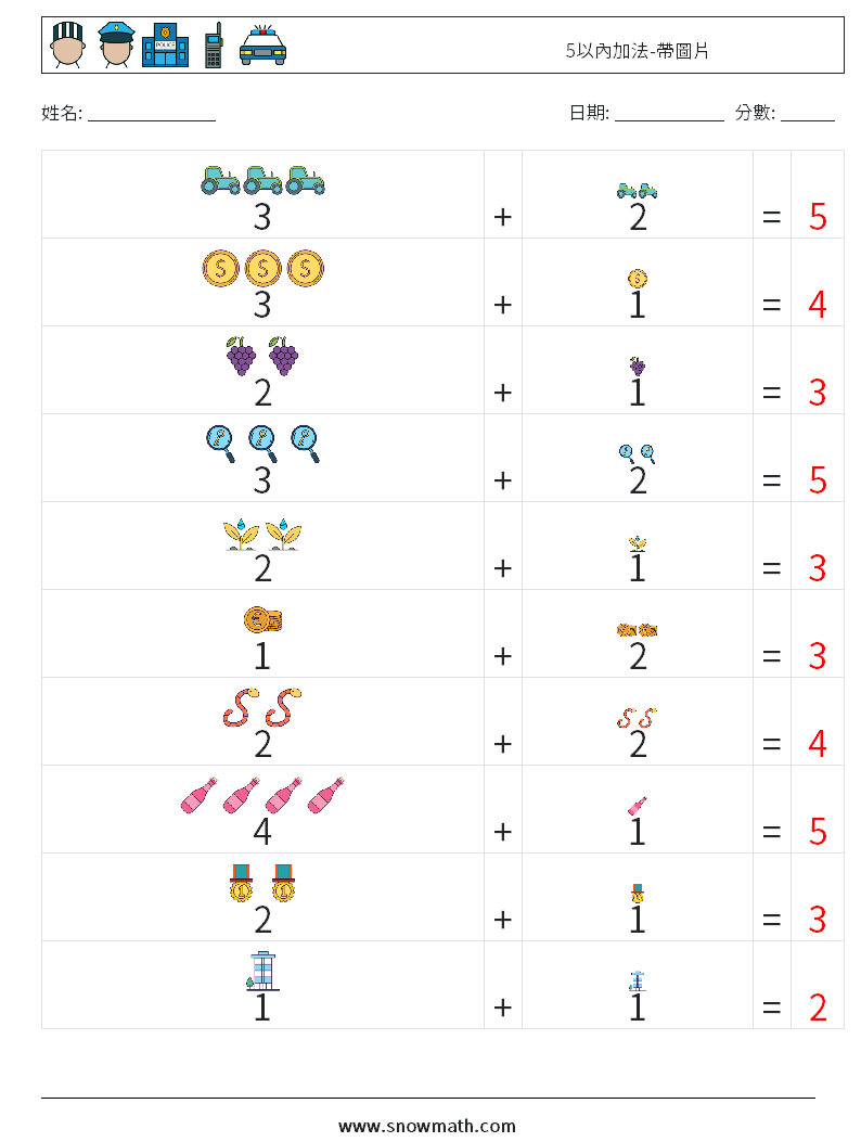 5以內加法-帶圖片 數學練習題 12 問題,解答