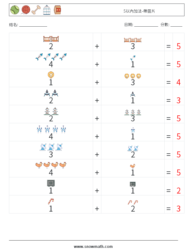 5以內加法-帶圖片 數學練習題 13 問題,解答