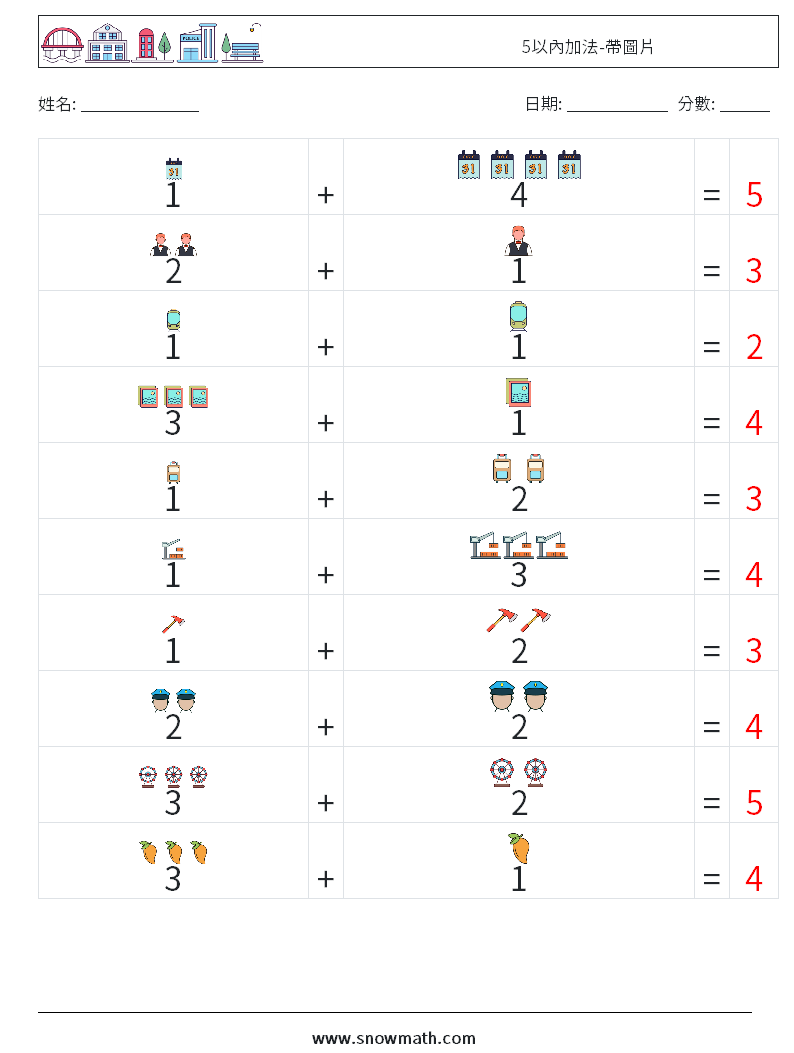 5以內加法-帶圖片 數學練習題 17 問題,解答