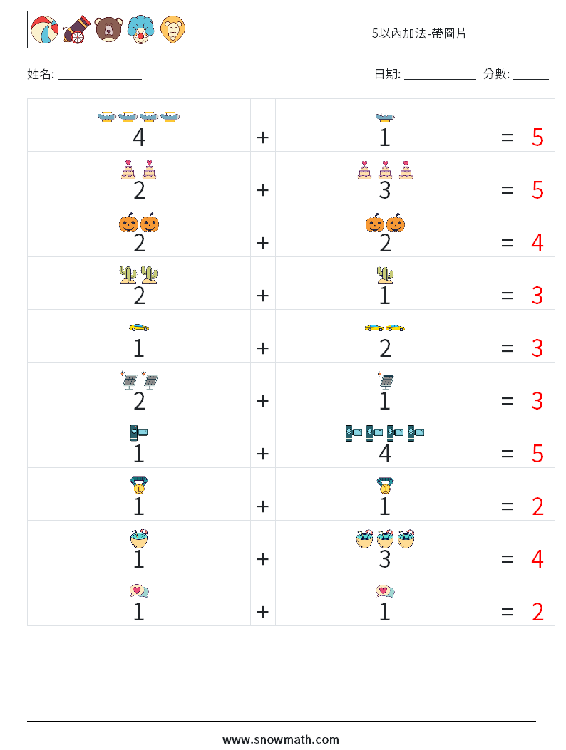 5以內加法-帶圖片 數學練習題 1 問題,解答