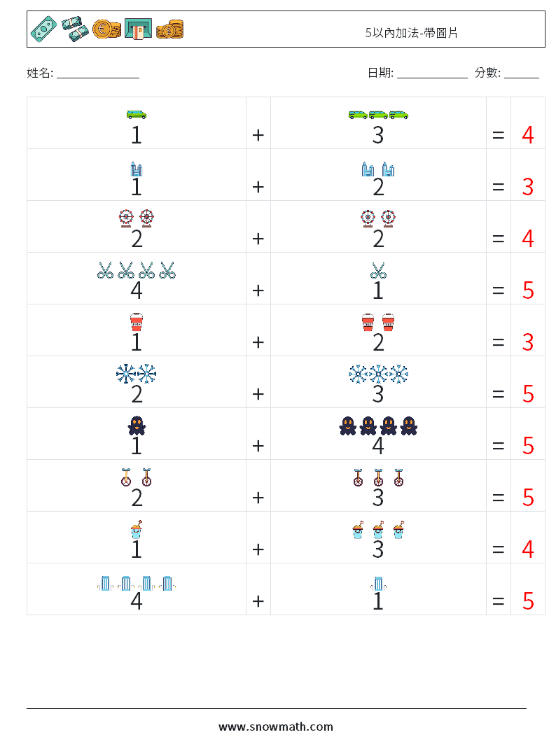 5以內加法-帶圖片 數學練習題 2 問題,解答