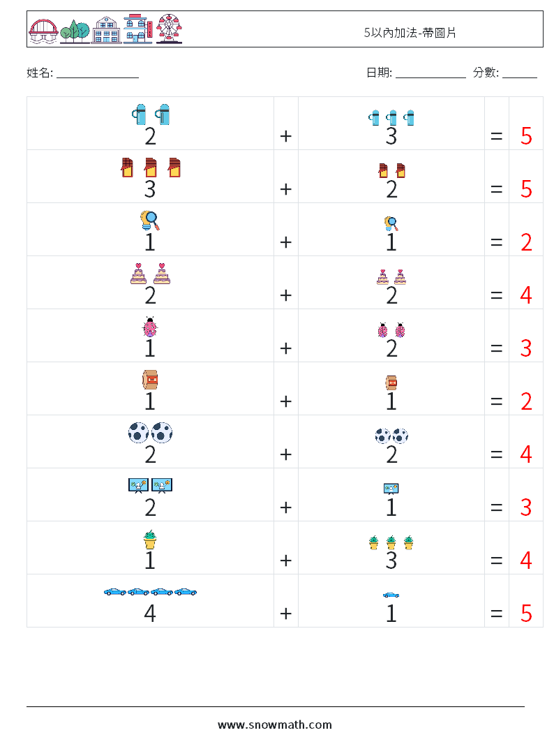 5以內加法-帶圖片 數學練習題 6 問題,解答