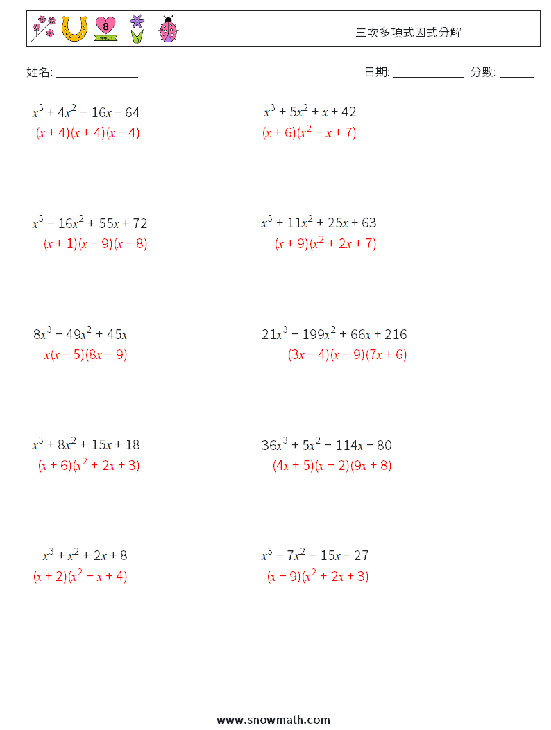 三次多項式因式分解 數學練習題 7 問題,解答