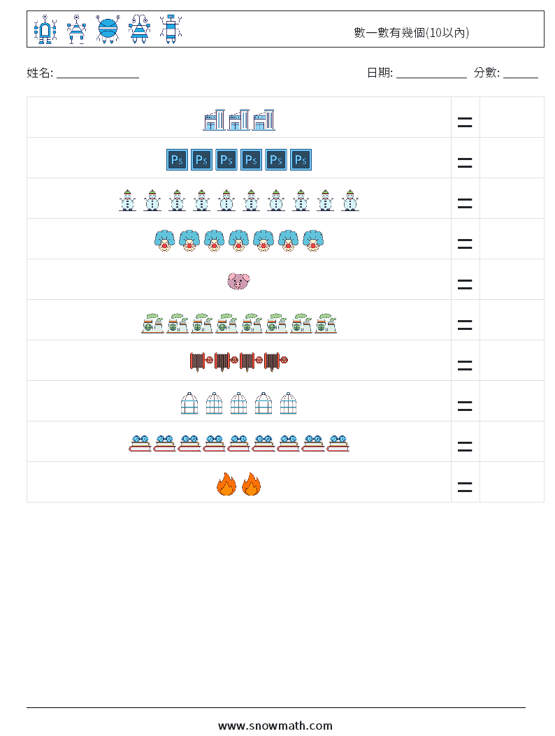 數一數有幾個(10以內) 數學練習題 10