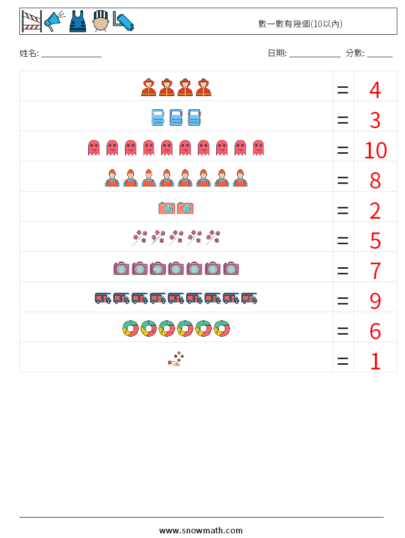數一數有幾個(10以內) 數學練習題 2 問題,解答