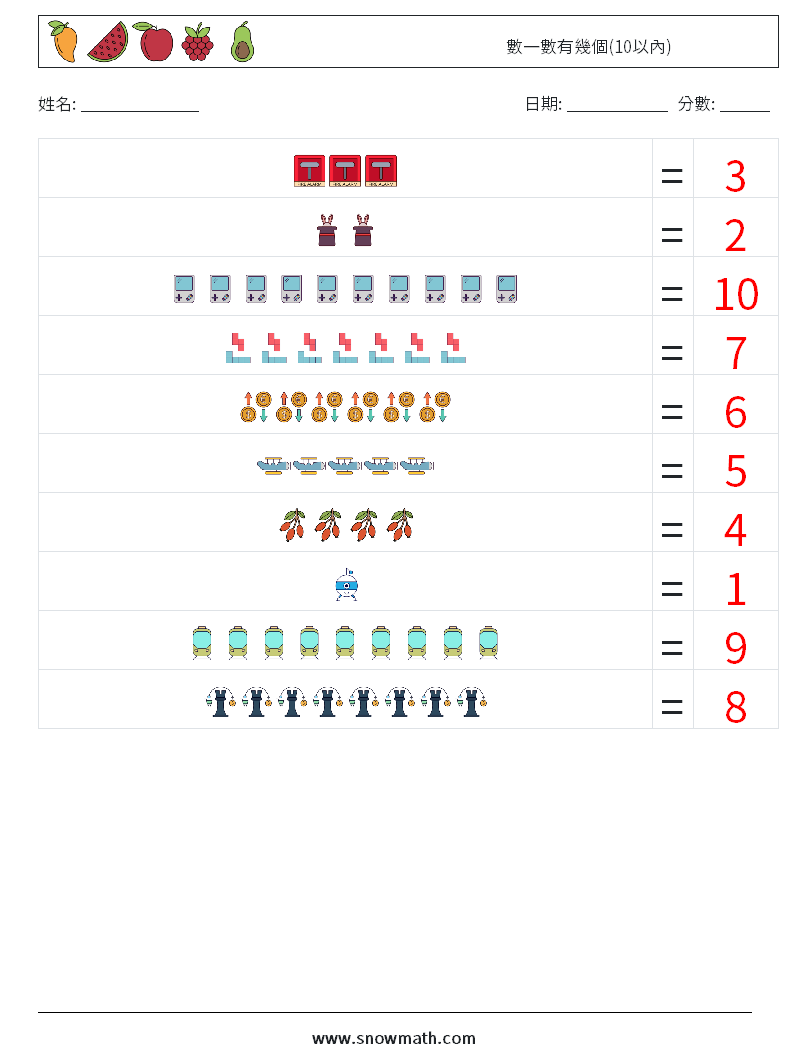 數一數有幾個(10以內) 數學練習題 4 問題,解答