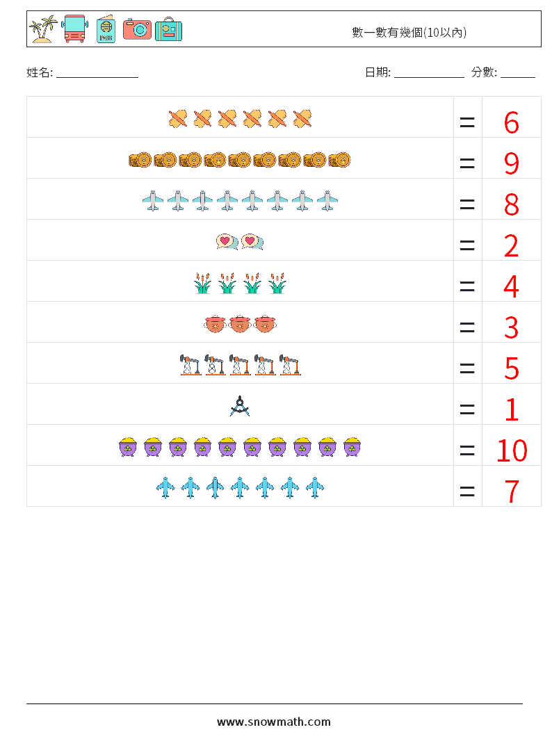 數一數有幾個(10以內) 數學練習題 6 問題,解答