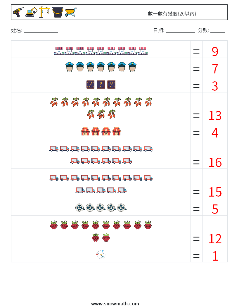 數一數有幾個(20以內) 數學練習題 13 問題,解答