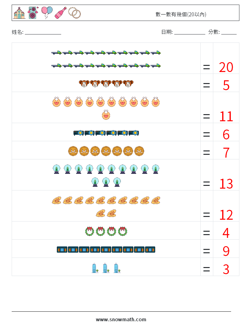 數一數有幾個(20以內) 數學練習題 2 問題,解答
