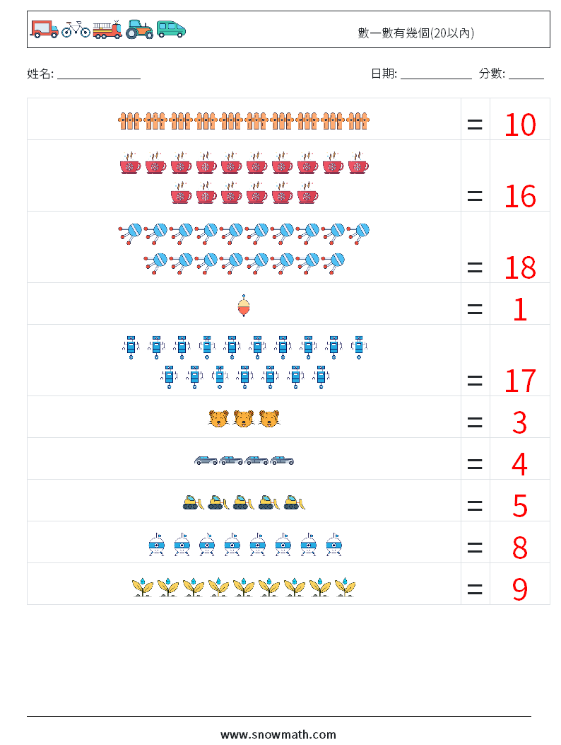 數一數有幾個(20以內) 數學練習題 4 問題,解答