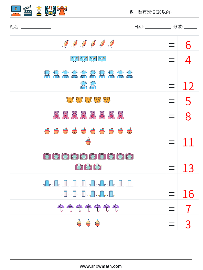 數一數有幾個(20以內) 數學練習題 5 問題,解答