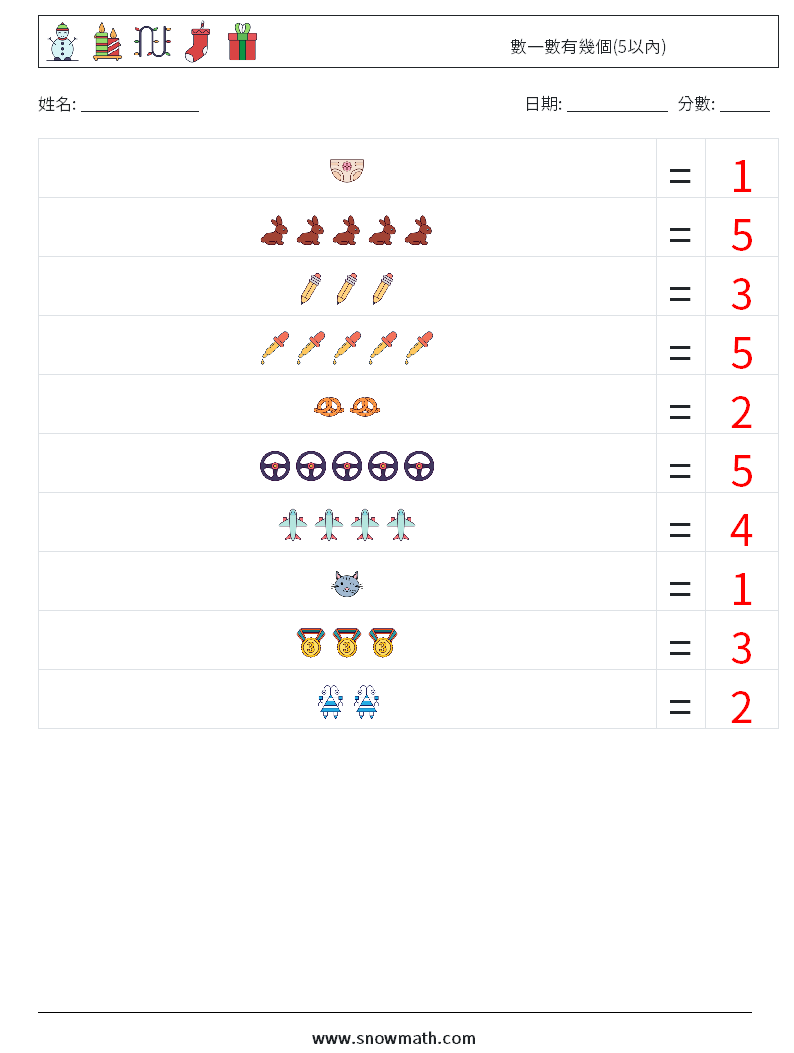 數一數有幾個(5以內) 數學練習題 11 問題,解答
