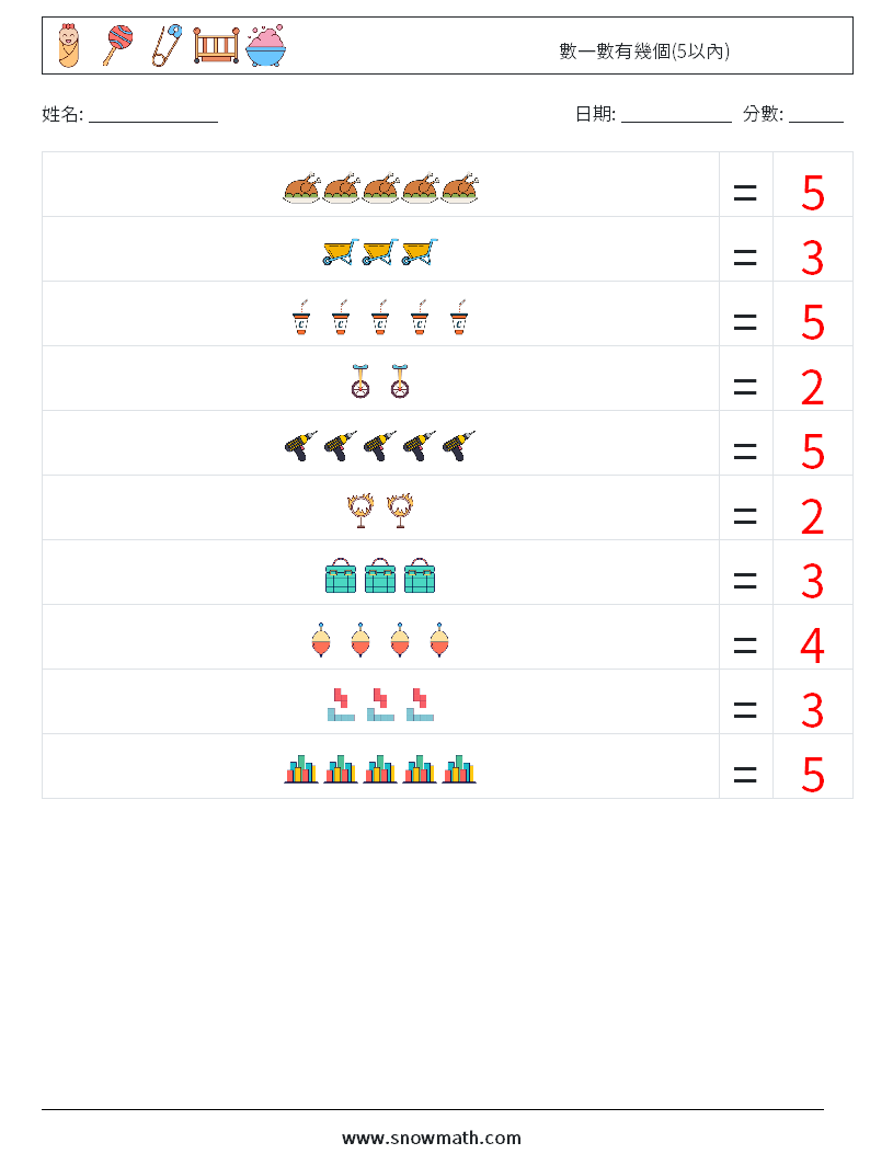 數一數有幾個(5以內) 數學練習題 13 問題,解答